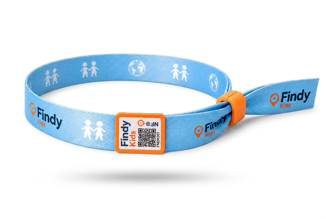 Pulseira Findy Kids com QR Code e NFC no pulso de uma criança