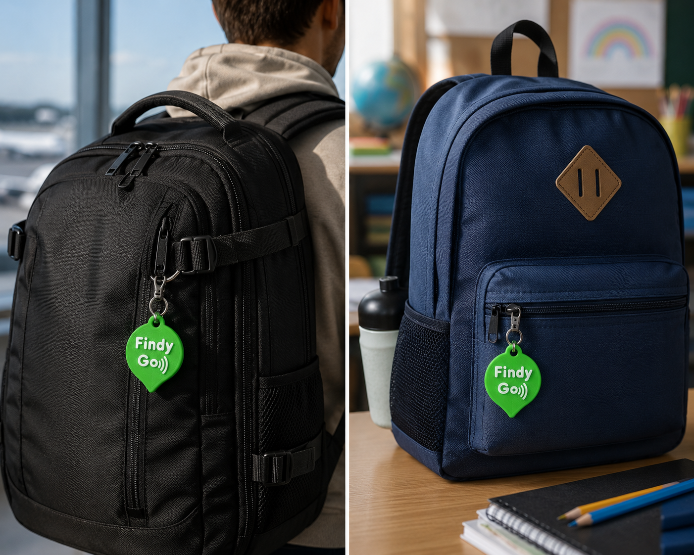 Etiqueta Findy Go presa numa mochila escolar azul